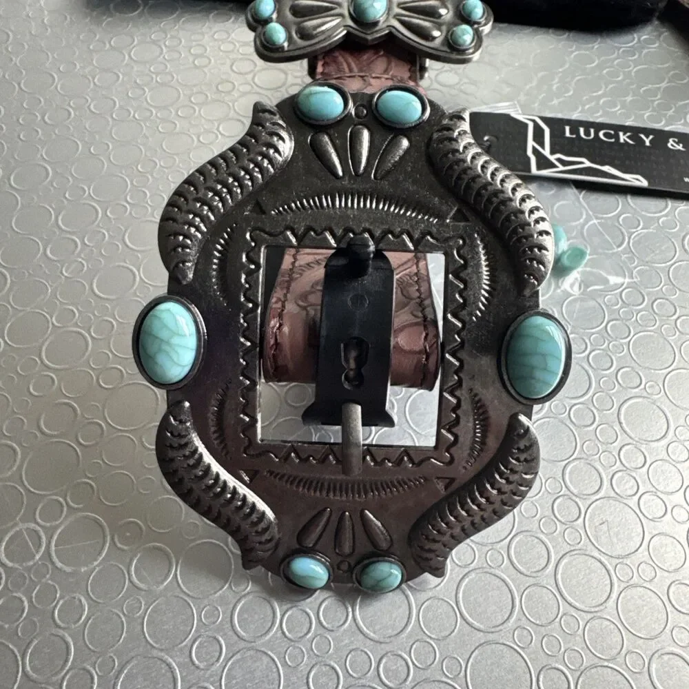 New Lucky & Blessed Turquoise Concho Tool Leather Belt - L Runs Bigger Dust Bag